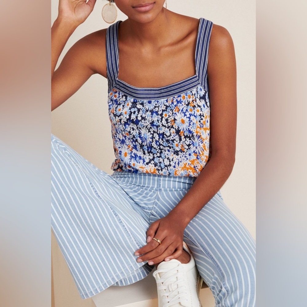 Maeve by Anthropologie Caryn Square Neck Tank Dainty Floral Stripes Seaside S